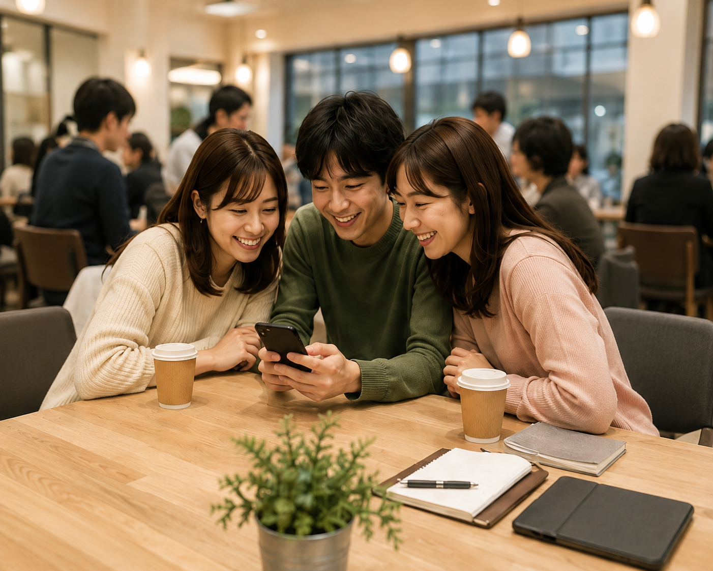 カフェで友人同士がスマートフォンを覗き込んでいる様子