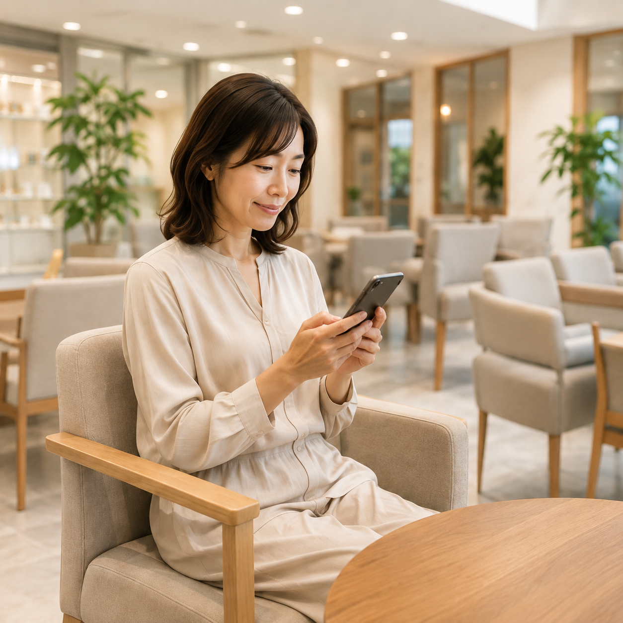 美容室の待合スペースでスマートフォンを見る女性