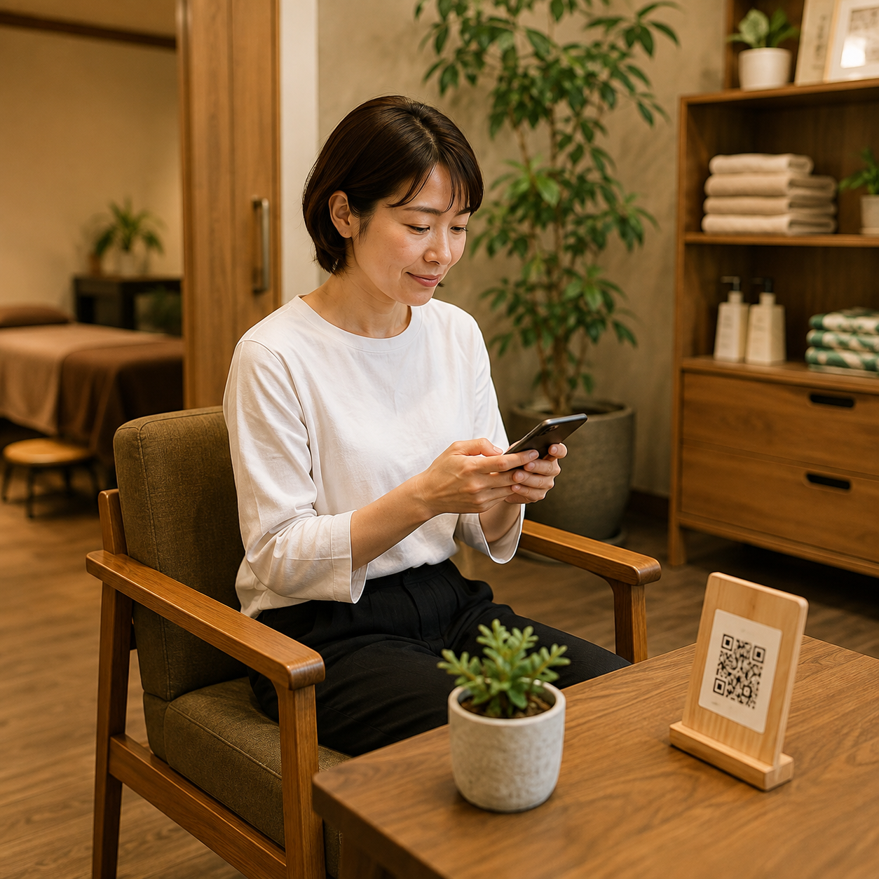 整体院で施術を待ちながらスマートフォンを見る女性